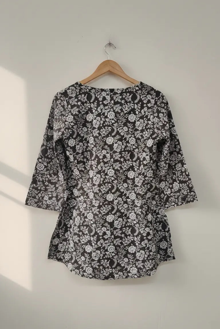 Black 3/4 sleeves cotton short kurti for women, indo western kurti, black floral print top, stylish short kurti for jeans