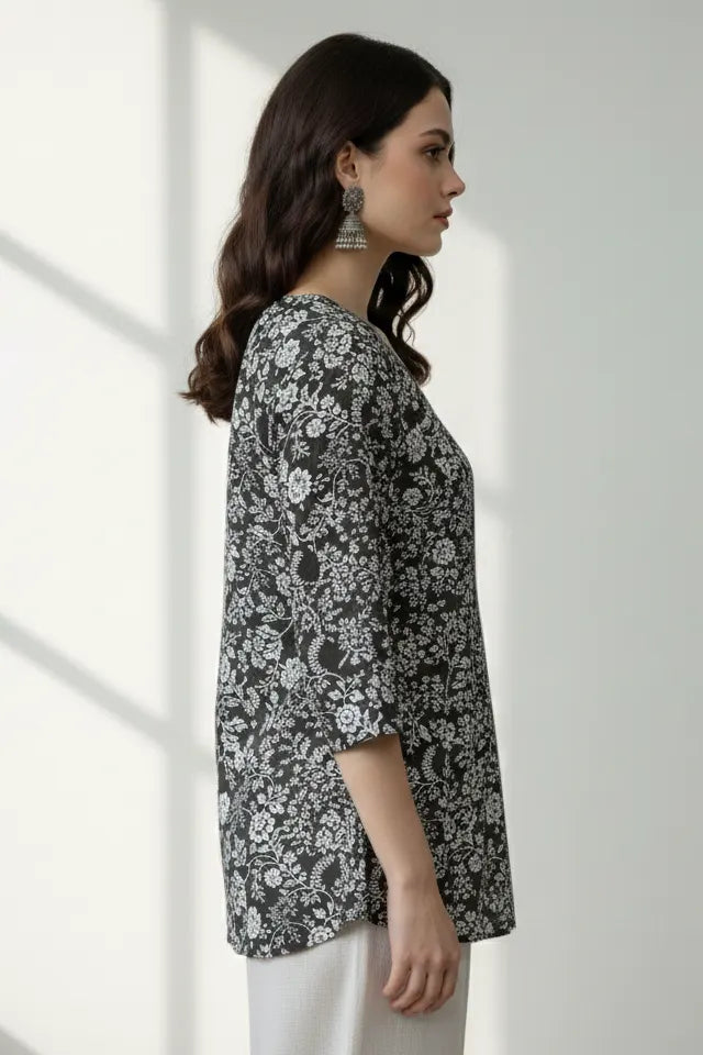 Black 3/4 sleeves cotton short kurti for women, indo western kurti, black floral print top, stylish short kurti for jeans