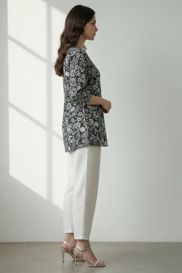 Black 3/4 sleeves cotton short kurti for women, indo western kurti, black floral print top, stylish short kurti for jeans