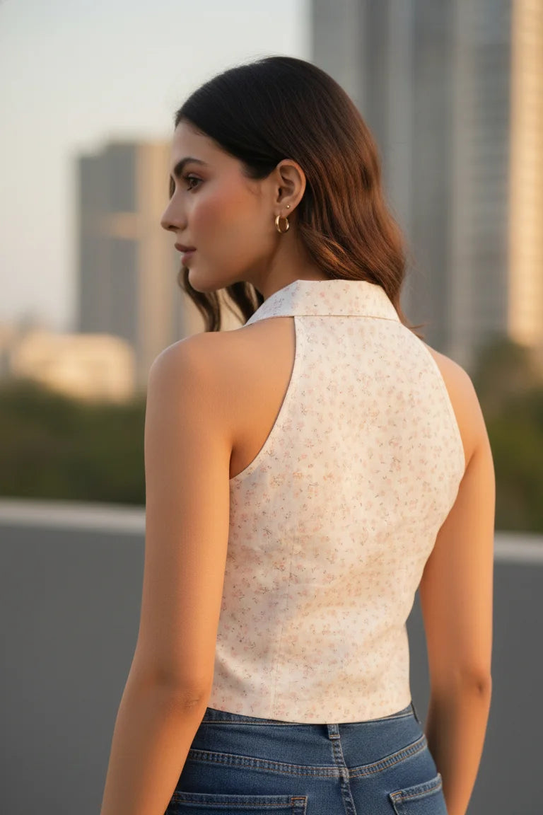 Light pink floral crop top for women, sleeveless cotton top, trendy summer wear top for girls