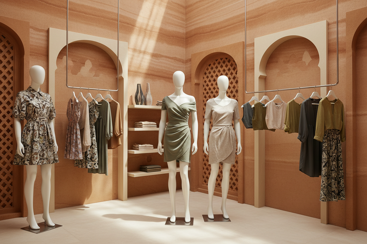 Create a premium collection-header image showcasing a women’s western clothing collection featuring short dresses, short tops, and crop shirts in modern, stylish designs. Display the garments on sleek mannequins or elegant hangers in a clean, fashionable layout. Use a warm sandstone and modern Rajasthani street–inspired background with textured sandstone walls and subtle street details, while keeping the overall aesthetic contemporary and non-traditional. Add soft lighting and dont add text