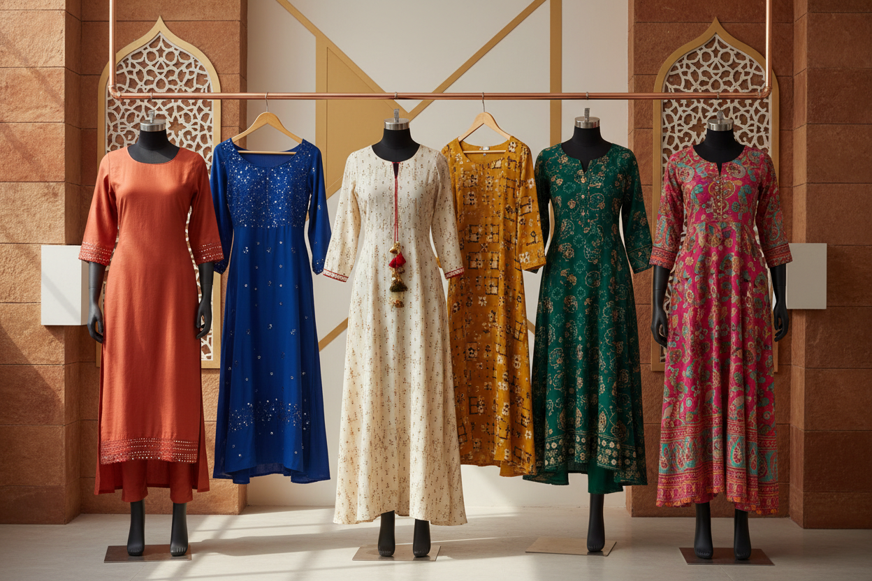 Create a premium collection-header image showcasing all types of women’s kurtis, including short slit-cut kurtis, Nyra-cut kurtis, Dori kurtis, straight kurtis, A-line kurtis, and Jaipuri print styles. Display them on modern mannequins or stylish hangers in a clean, attractive arrangement. Use a warm sandstone and modern Rajasthani street–inspired background with soft lighting. Do not include any text.