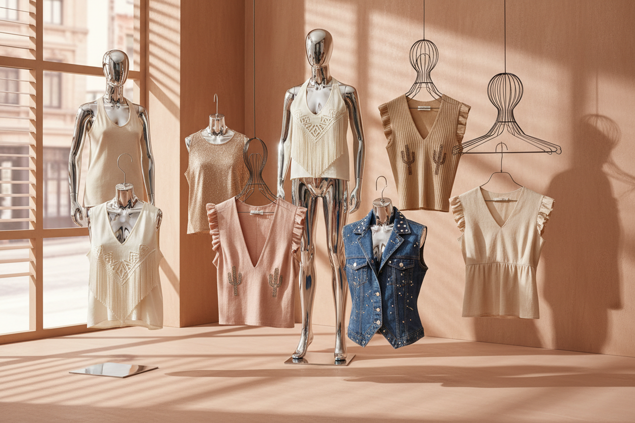 Create a premium collection-header image showcasing only western women’s short sleeveless blouses. Display the blouses on modern mannequins or stylish hangers in a clean, fashionable layout. Use a warm sandstone background featuring textured sandstone walls and subtle street elements, but keep the overall style modern and not traditional. Add soft lighting, smooth gradients, and a contemporary aesthetic to make the western blouses stand out. The final image should look trendy, premium,