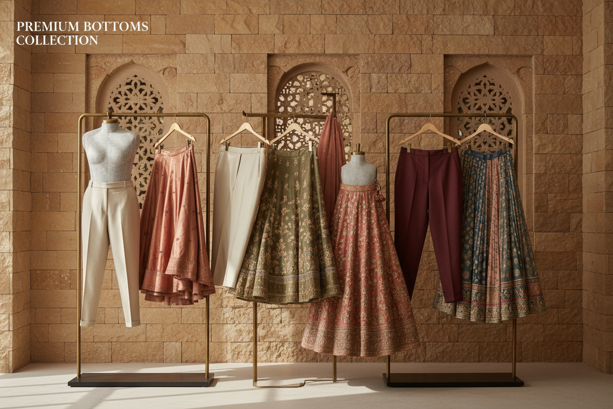 Create a premium collection-header image showcasing women’s bottom wear, including trousers, palazzos, lehengas, skirts, and other stylish bottoms. Arrange the garments neatly on modern mannequins, elegant hangers, or garment stands in a clean and visually appealing layout. Use a warm sandstone and Rajasthani street–inspired background with textured sandstone walls and subtle street elements, while keeping the overall aesthetic modern and non-traditional. Add soft lighting and a contemporary color tone to h