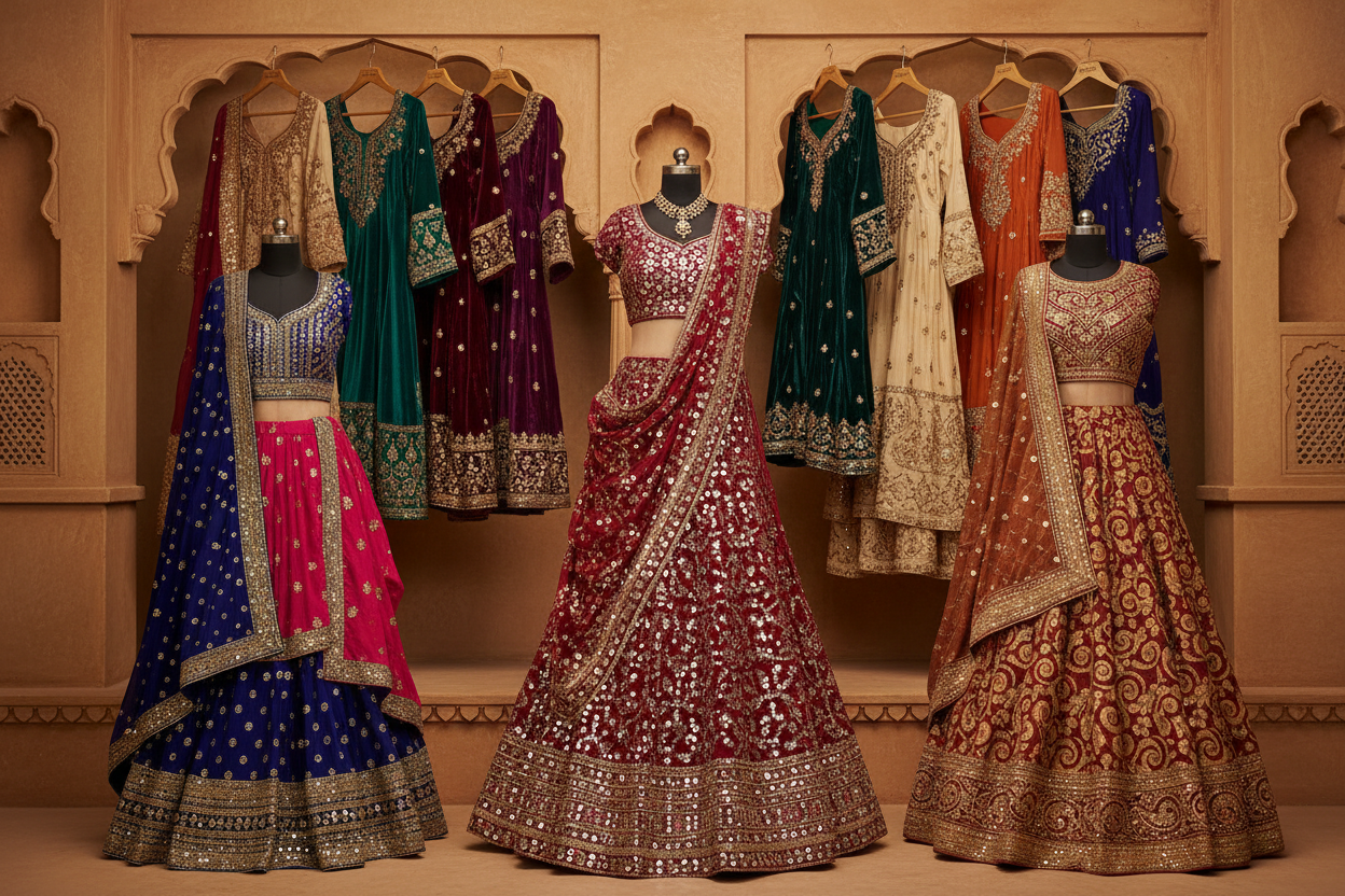 Create a premium collection-header image showcasing women’s ethnic wear, including Rajasthani lehanga–chunni sets, poshak, Marwari dresses, salwar suits, and traditional embroidered outfits. Display the garments on elegant mannequins or hangers in a neat, royal-looking layout. Use a warm sandstone and Rajasthani street–inspired background featuring textured walls and subtle cultural elements. Add soft lighting to give a rich, premium ethnic feel. Do not include any text