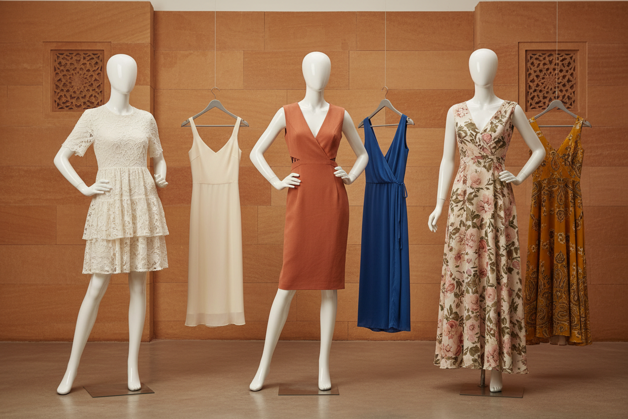 Create a premium collection-header image showcasing women’s western wear dresses, including short dresses, knee-length dresses, maxi dresses, plain dresses, and floral printed dresses. Display the dresses on modern mannequins or sleek hangers in a stylish, well-arranged layout. Use a warm sandstone and Rajasthani street–inspired background with textured sandstone walls and subtle street details, while keeping the overall look modern and non-traditional. Add soft lighting and a clean contemporary aesthetic t