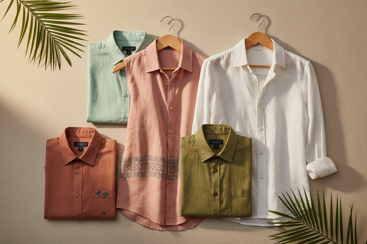 Create a stylish and premium collection-header image showcasing a men’s Linen Shirt Collection. Display multiple linen shirts in soft, breathable textures—include pastel shades, earthy tones, and classic whites. Arrange the shirts neatly on hangers or flat-lay style to highlight the natural linen fabric. Use a clean, elegant background with a linen texture, beige or muted earthy color palette, and soft shadows. Add subtle tropical or summer-inspired elements like palm leaves, sunlight glow, or minimal geome