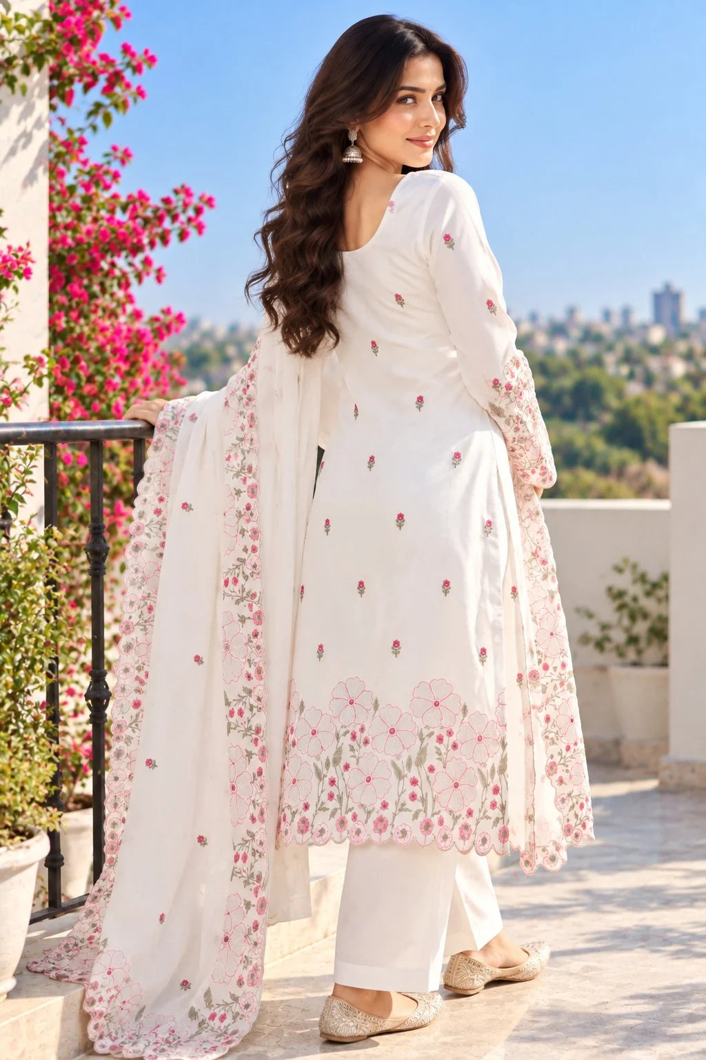 White Embroidered Suit Set for Women
