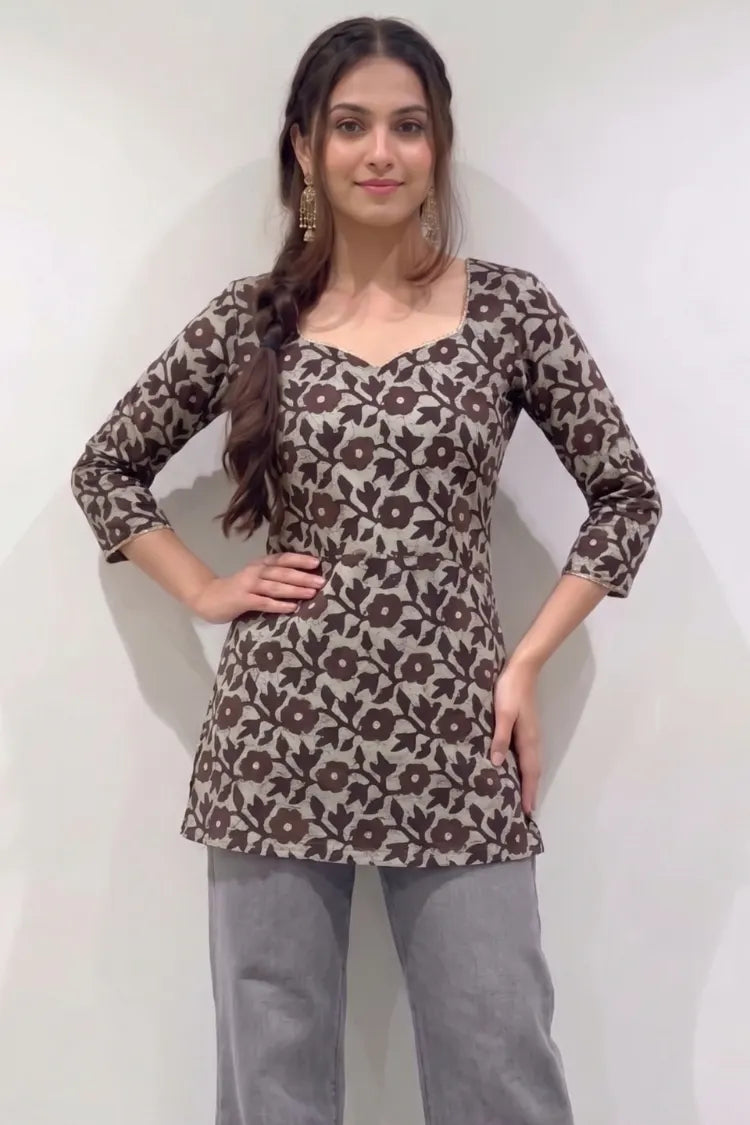 Brown Cotton Short Kurti with Sleeves