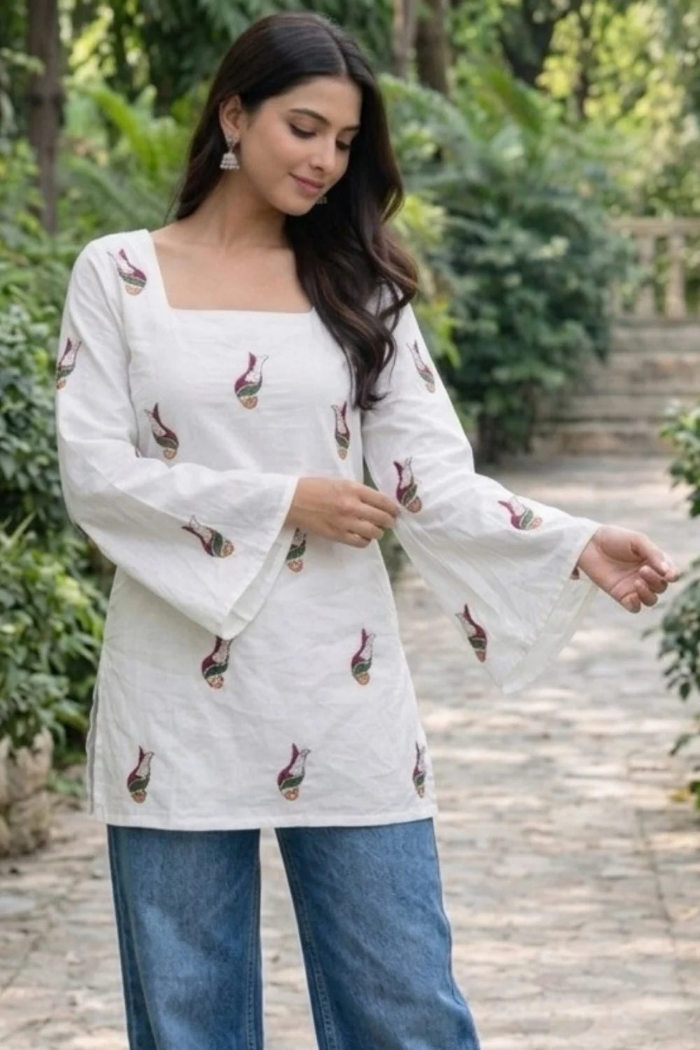White Embroidery Short Kurti
