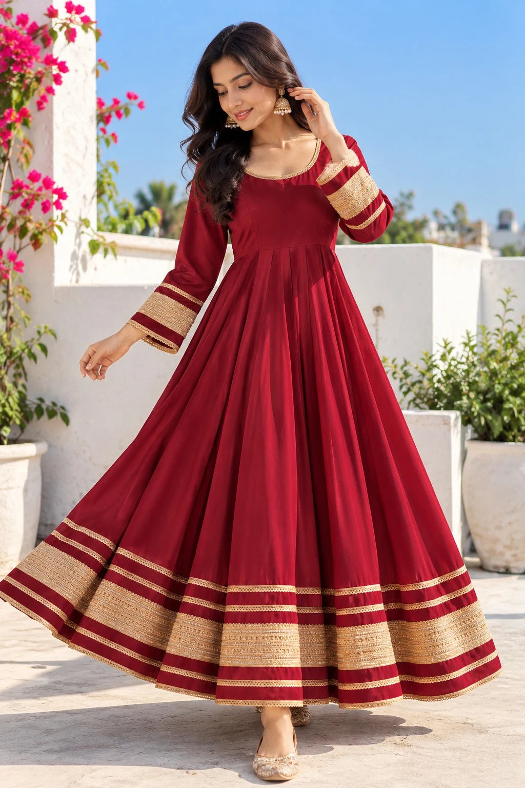 Women Maroon Anarkali Dress | Golden Embroidered Gota Patti Work | Flared Ethnic Festive Wear
