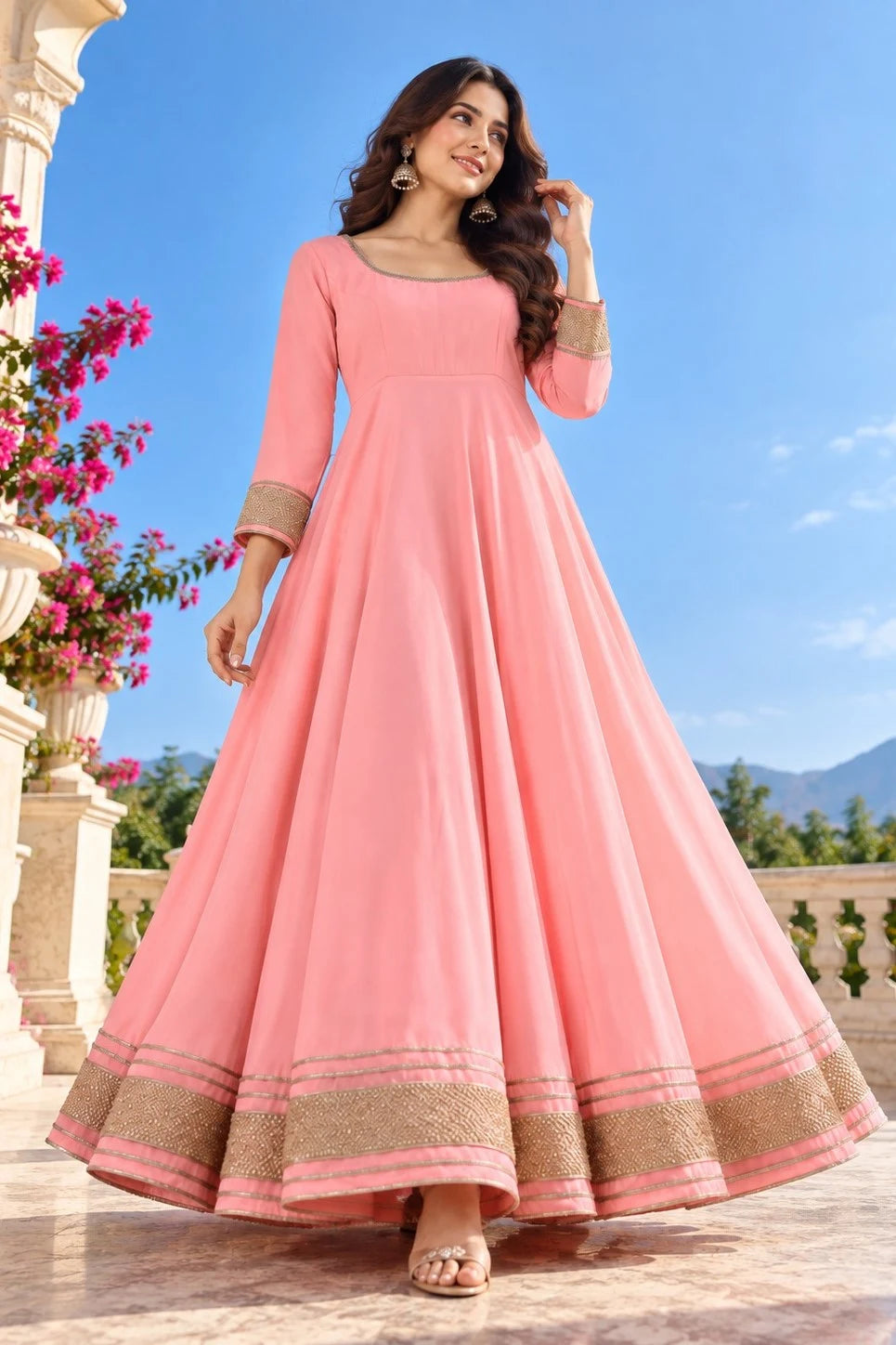 Women’s Pink Anarkali Gown | Flared Floor-Length Anarkali Dress | Embellished Border | Festive & Party Wear