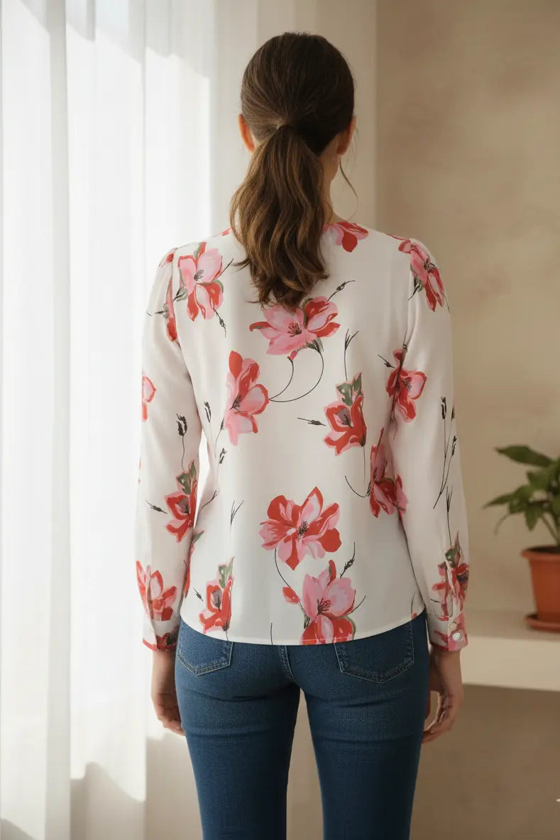 Women White Pink Floral Printed Casual Shirt