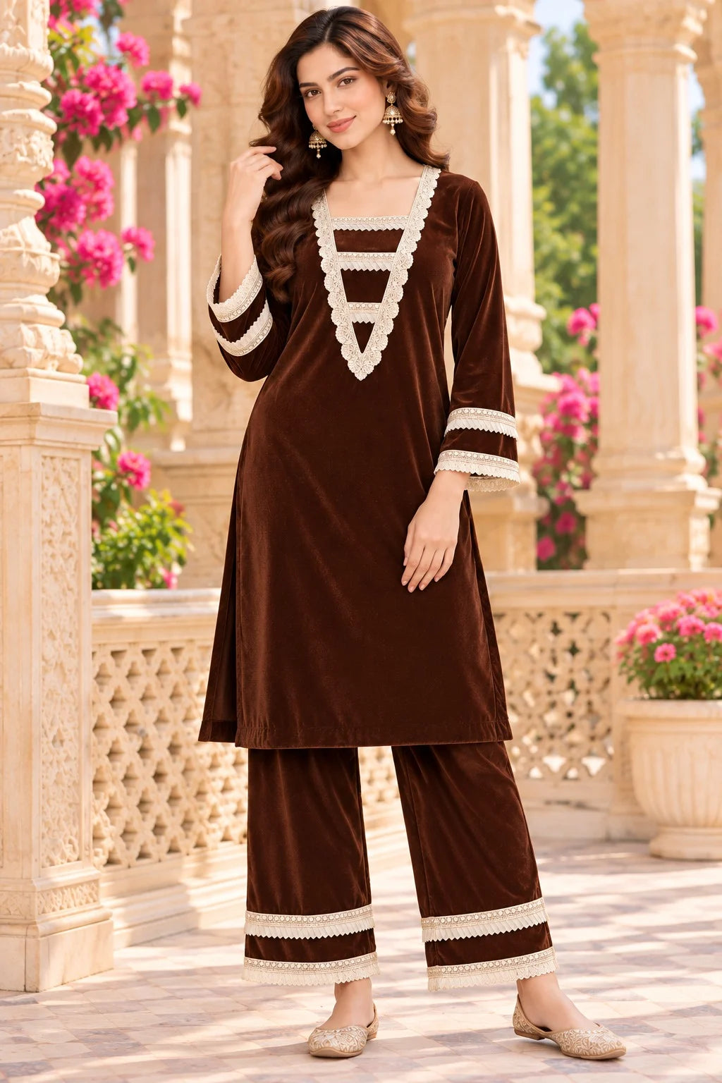 Kurta Palazzo Set with Lace Detailing For Women