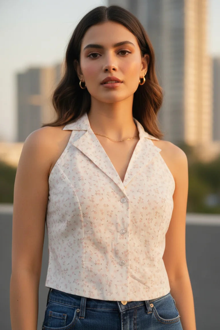 Women’s White Pink Floral Cotton Crop Shirt