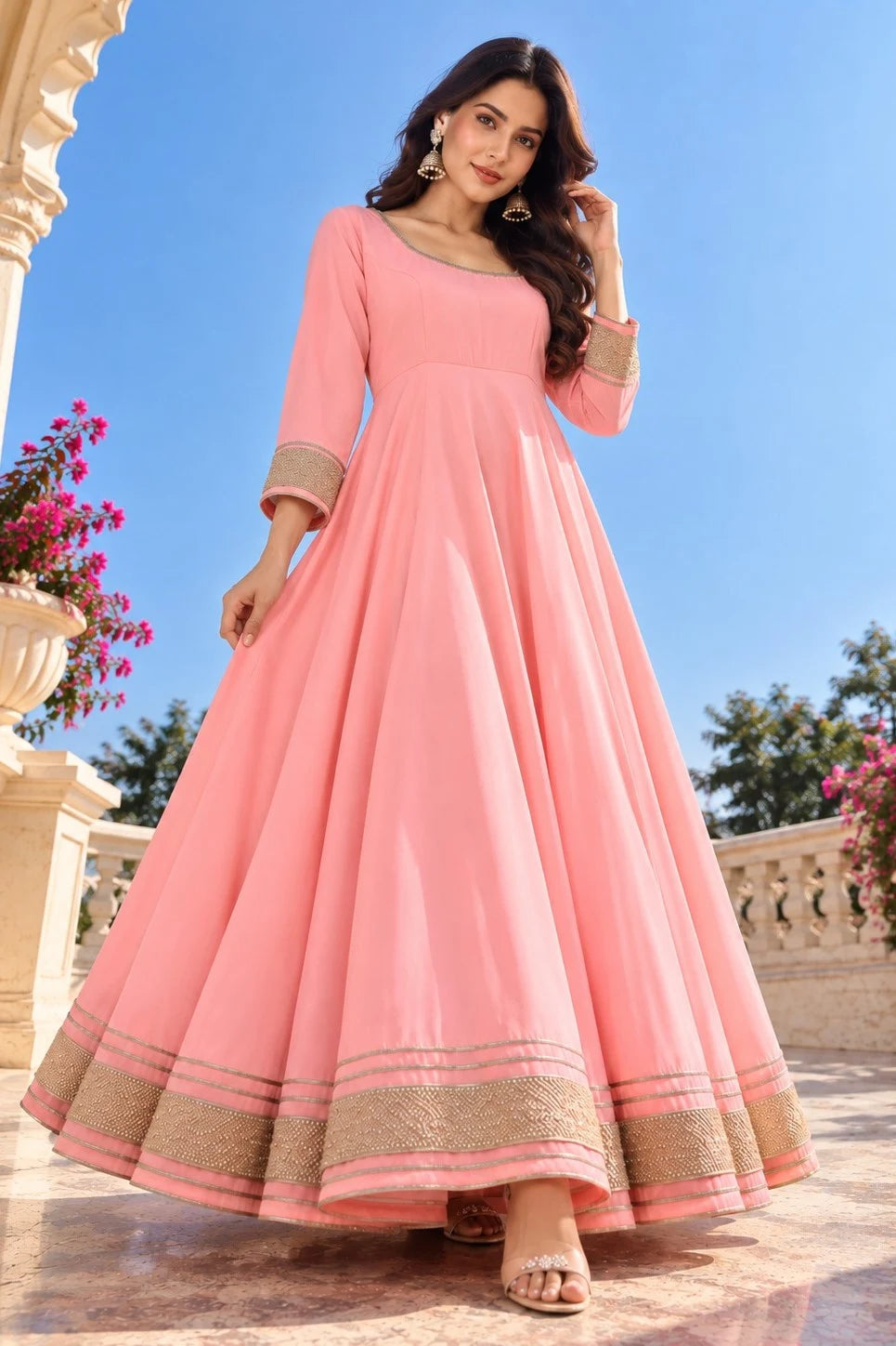 Women’s Pink Anarkali Gown | Flared Floor-Length Anarkali Dress | Embellished Border | Festive & Party Wear