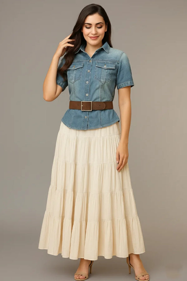 Denim Top & Flared Skirt Set