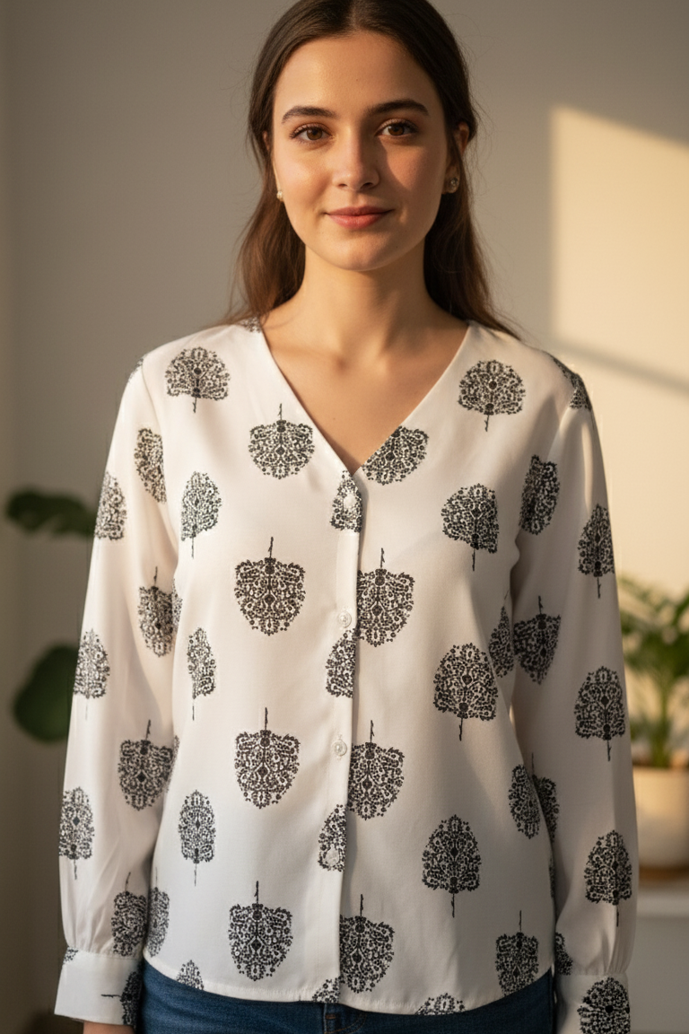 Women's White Black Floral Print Shirt - V Neck