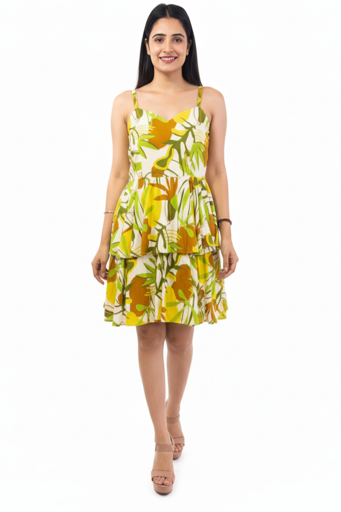 Vibrant Leaf Print Mini Dress