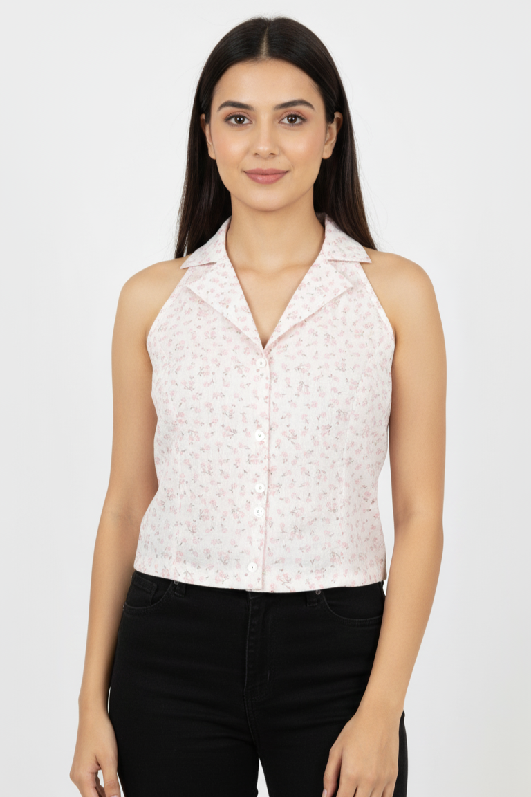 Women’s Sleeveless White Pink Floral Collar Crop Shirt