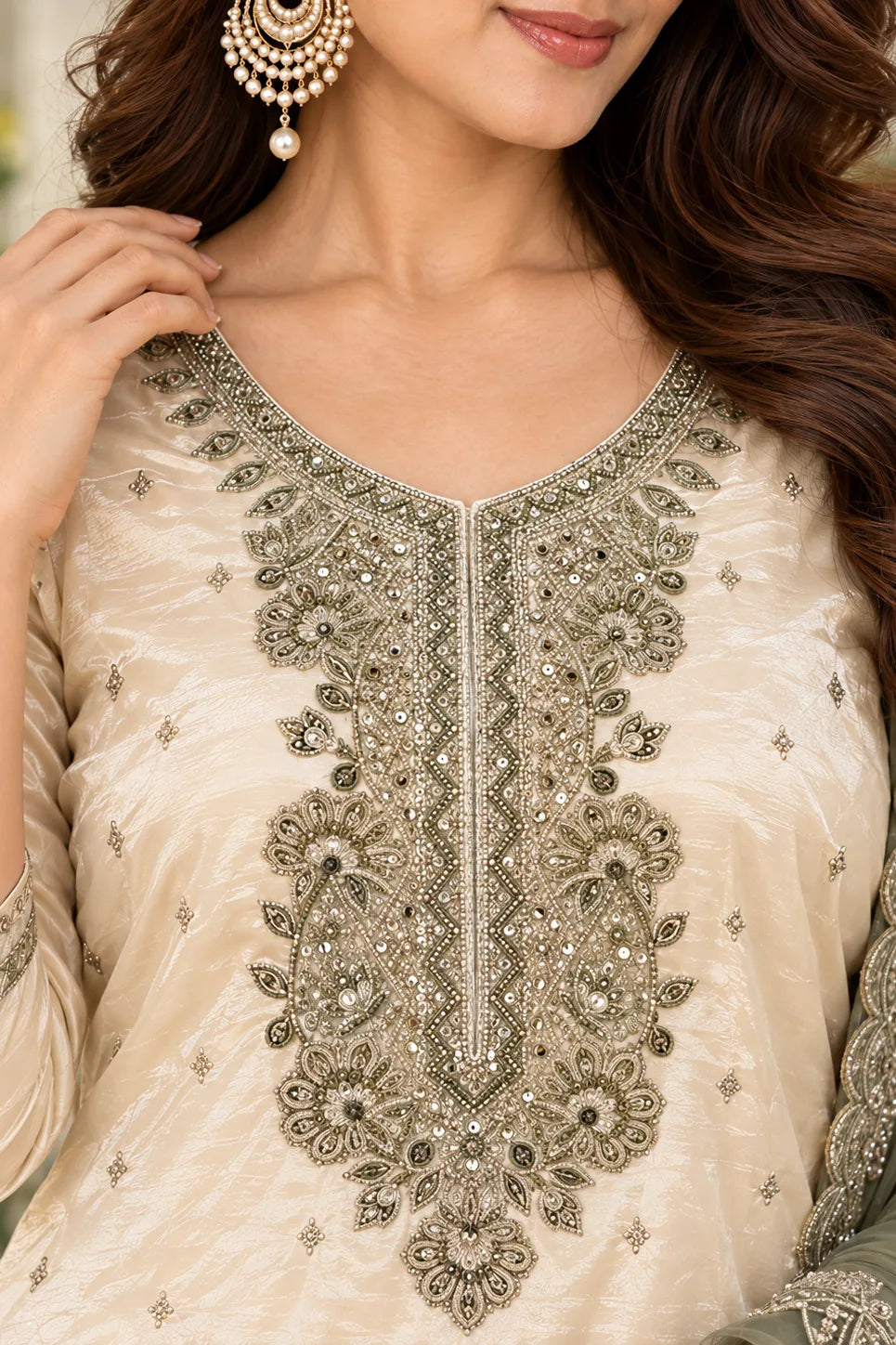 Women Cream & Sage Green 3-Piece Suit Set | Embroidered Kurta | Palazzo & Dupatta | Festive Ethnic Wear
