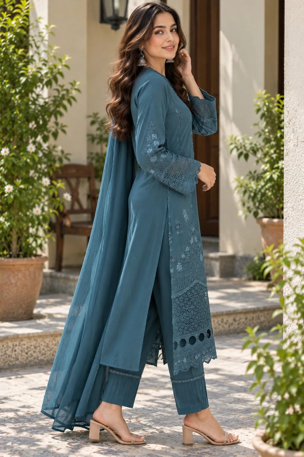Teal Blue Embroidered Suit Set for Women