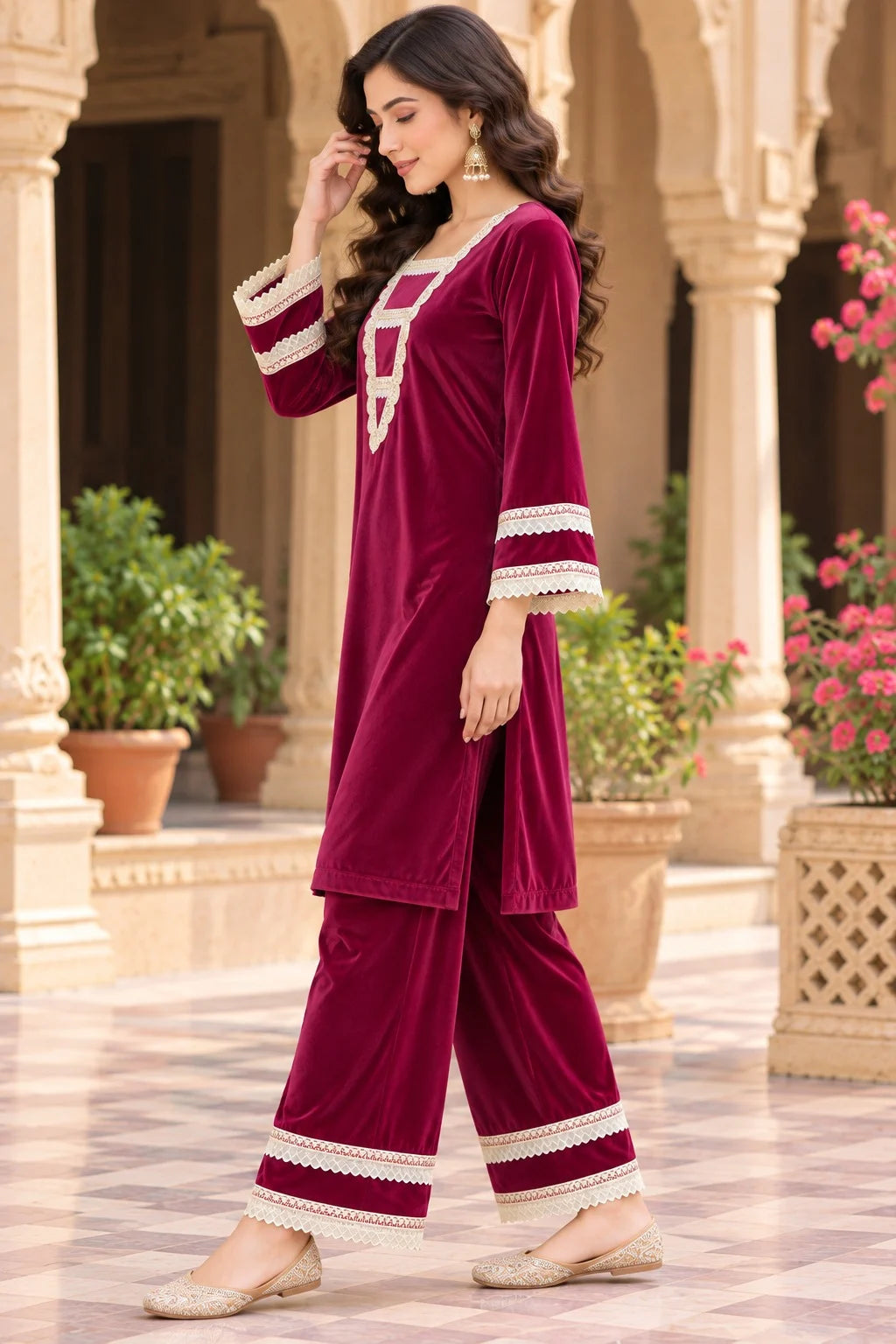 Kurta Palazzo Set with Lace Detailing For Women