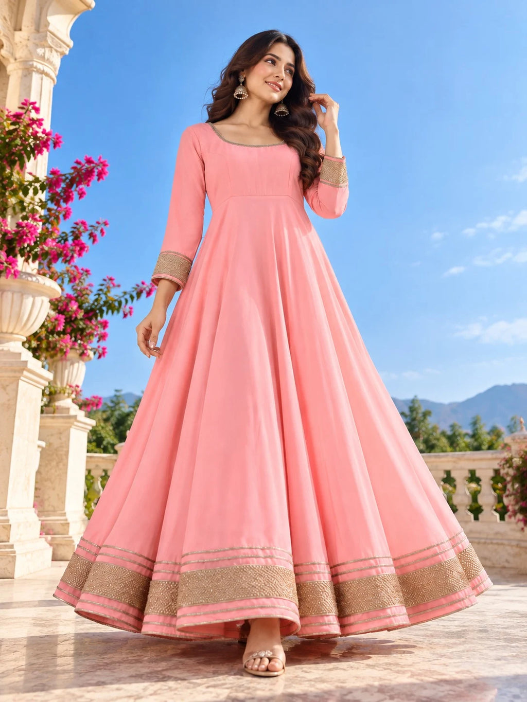 Women’s Pink Anarkali Gown | Flared Floor-Length Anarkali Dress | Embellished Border | Festive & Party Wear