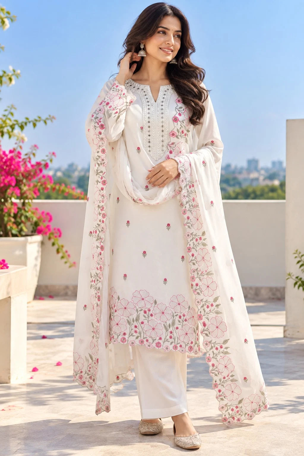 White Embroidered Suit Set for Women