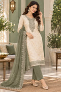 Women Cream & Sage Green 3-Piece Suit Set | Embroidered Kurta | Palazzo & Dupatta | Festive Ethnic Wear