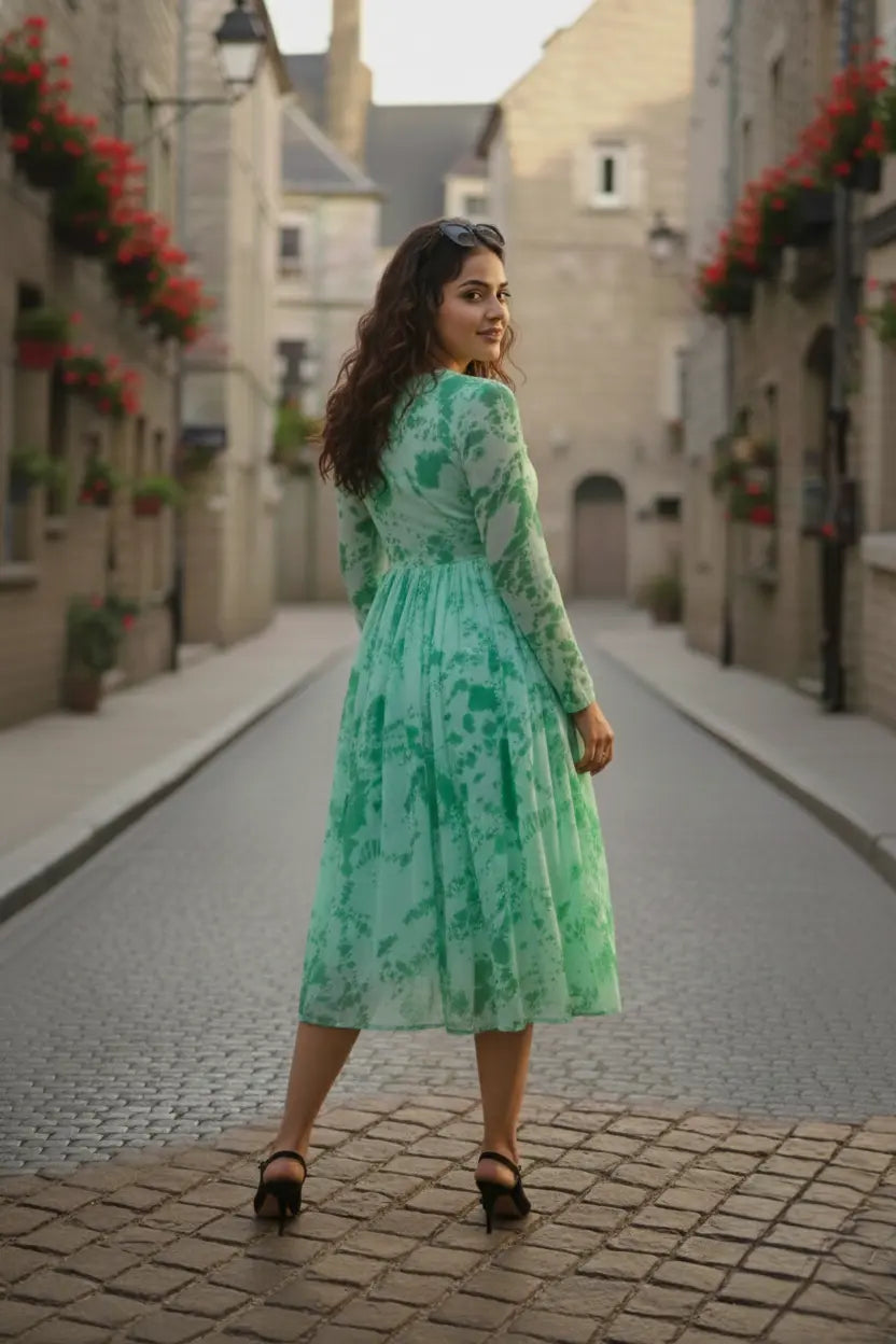 light green western dress Berylove Women Light Green V Neck Pleated Maxi Dress A Line Long Sleeve  Floral Wedding Guest Dress with Slit main image 1