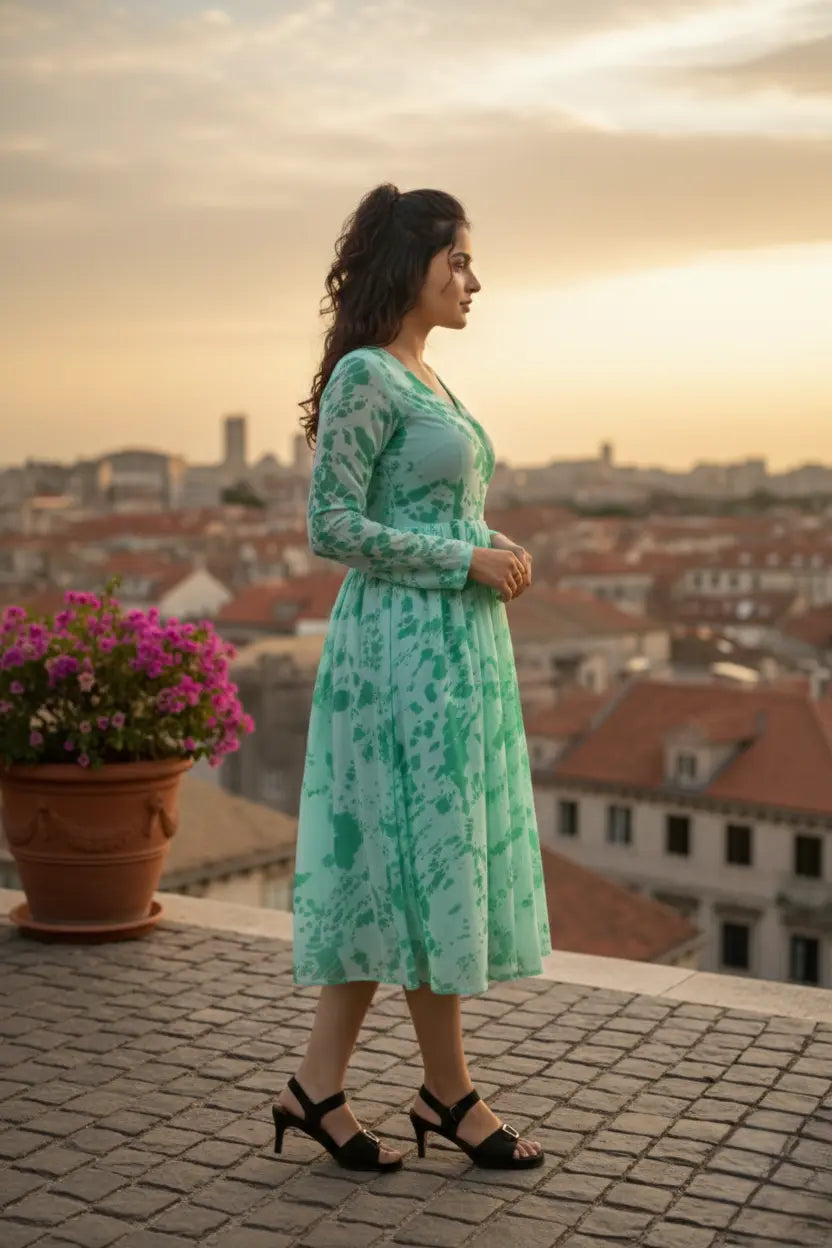 Green floral georgette one piece dress for women with full sleeves and stylish fit. Perfect western outfit, female one piece dress, and trendy short dress for casual wear.