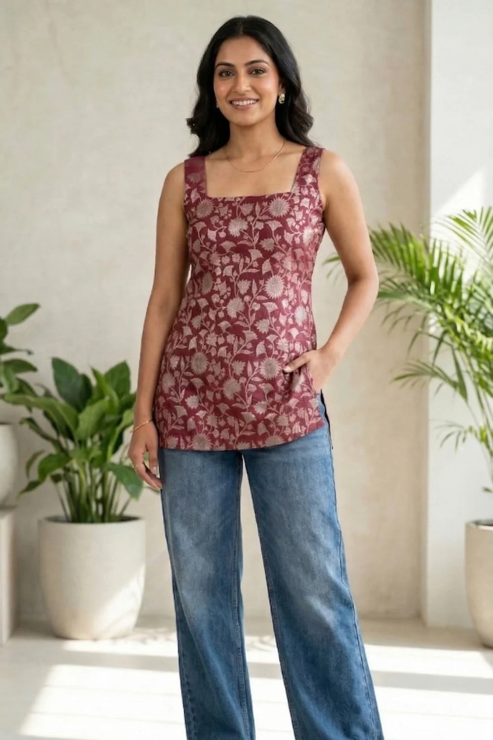Maroon Floral Sleeveless Kurti