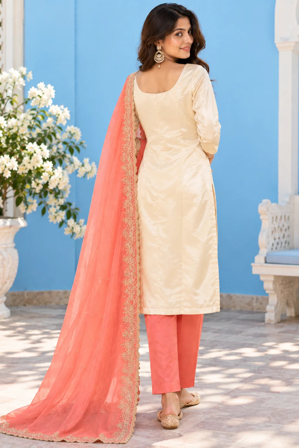 Women Cream & Coral Orange 3-Piece Suit Set | Floral Embroidered Kurta | Palazzo & Dupatta | Festive Ethnic Wear