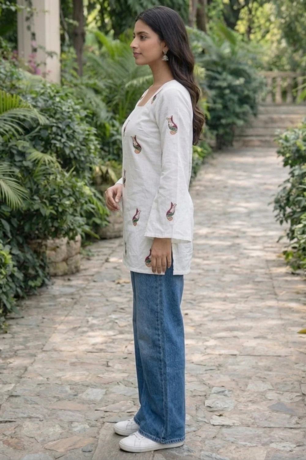White Embroidery Short Kurti