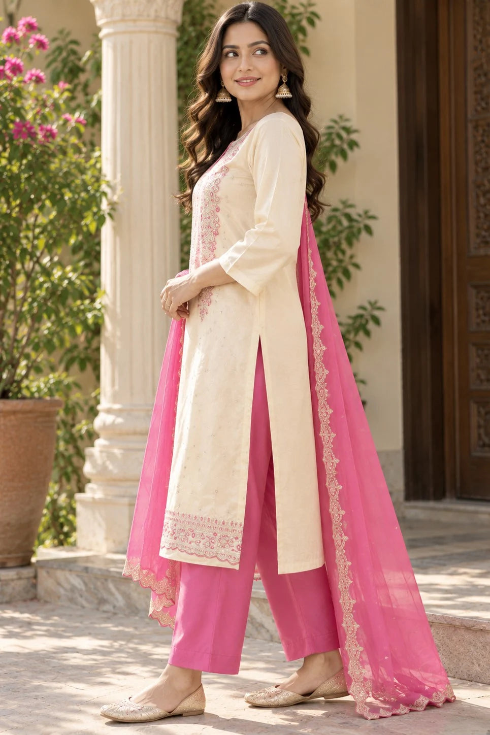 Women Cream & Hot Pink 3-Piece Suit Set | Floral Embroidered Kurta | Palazzo & Dupatta | Festive Ethnic Wear
