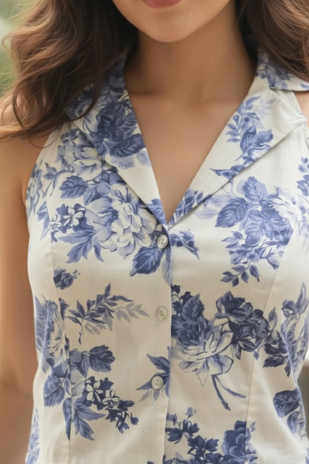 Women’s White Blue Floral Cotton Crop Shirt