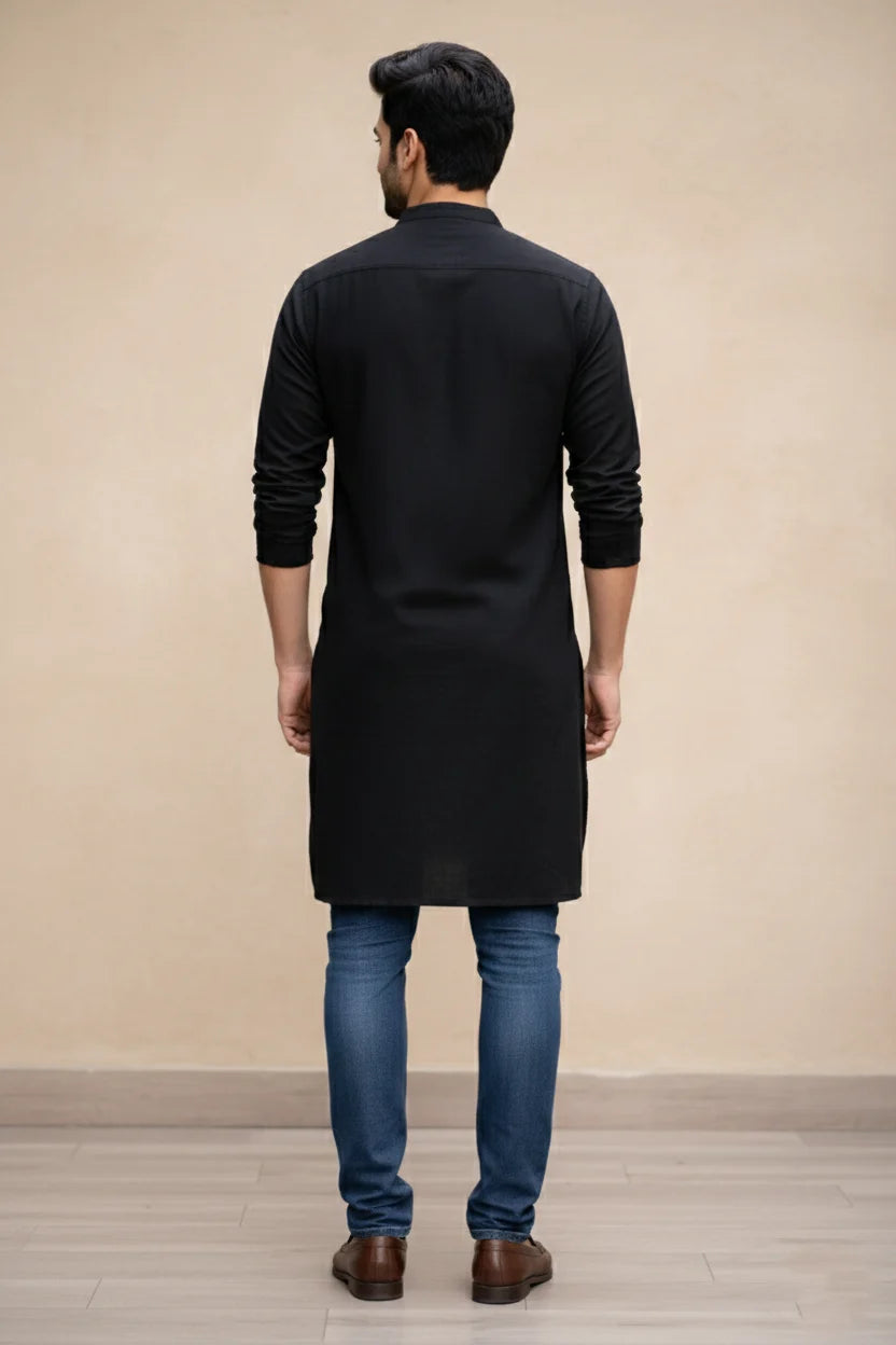 Black Mandarin Collar Long Cotton Kurta
