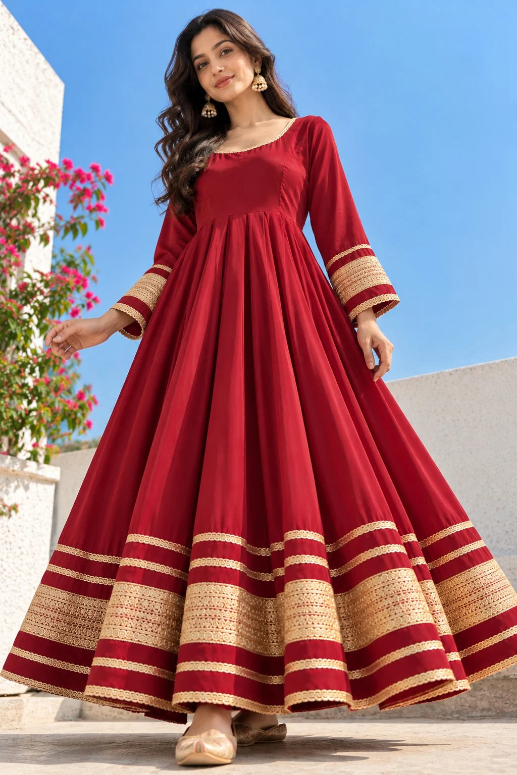 Women Maroon Anarkali Dress | Golden Embroidered Gota Patti Work | Flared Ethnic Festive Wear
