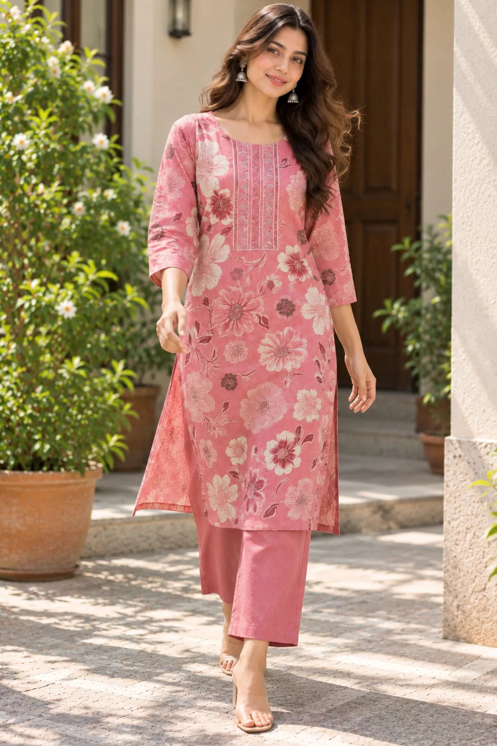 Dusty Rose Floral Printed Kurta Set with Dupatta for Women