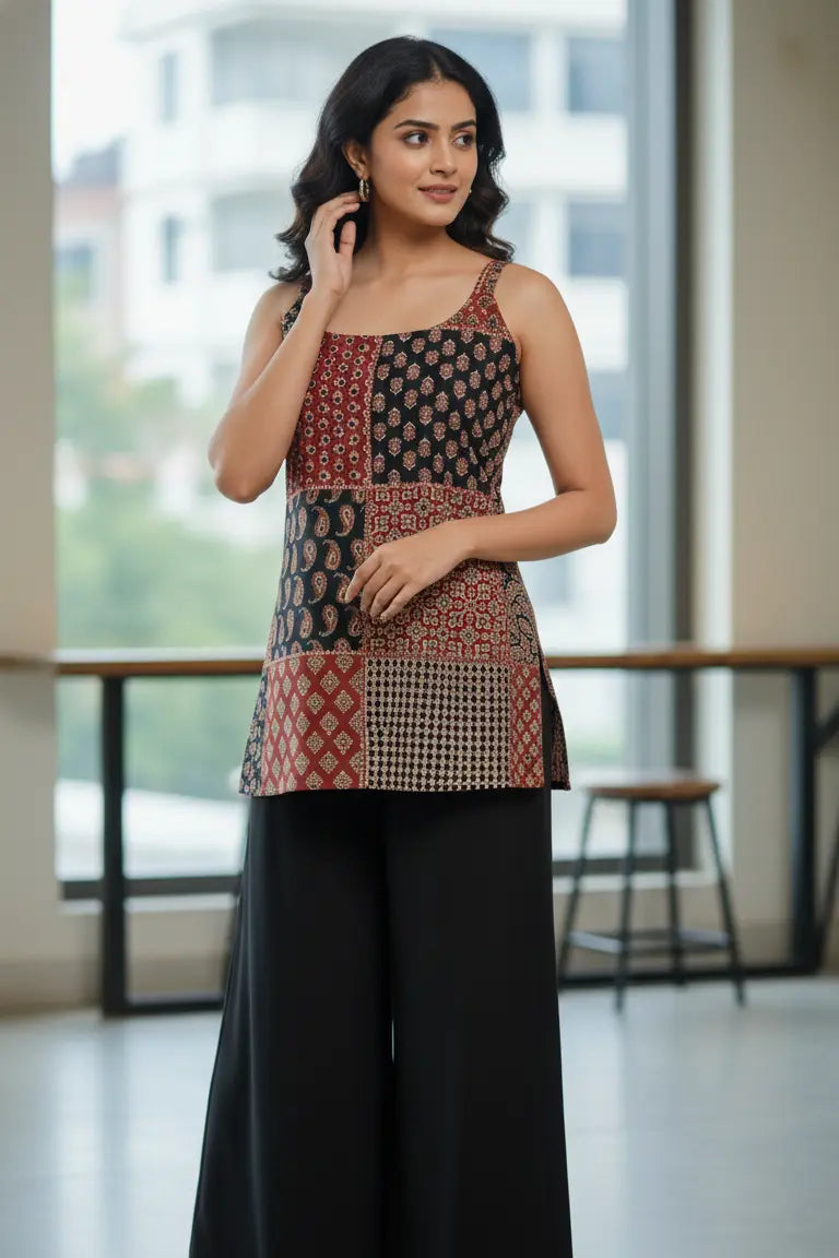 Beautiful jaipuri kurti made from soft cotton jaipur kurti fabric, designed as a stylish sleeveless kurti for everyday wear. This short kurti for women features a traditional print and works perfectly as a short kurti for jeans, making it a comfortable and trendy cotton kurti option.
