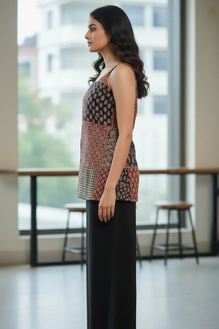 Beautiful jaipuri kurti made from soft cotton jaipur kurti fabric, designed as a stylish sleeveless kurti for everyday wear. This short kurti for women features a traditional print and works perfectly as a short kurti for jeans, making it a comfortable and trendy cotton kurti option.