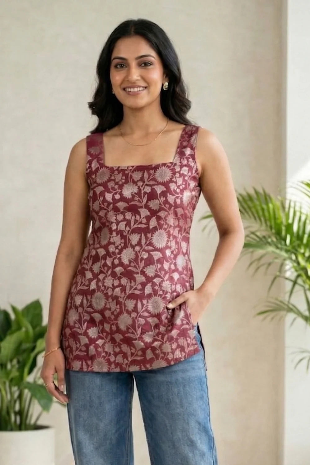 Maroon Floral Sleeveless Kurti