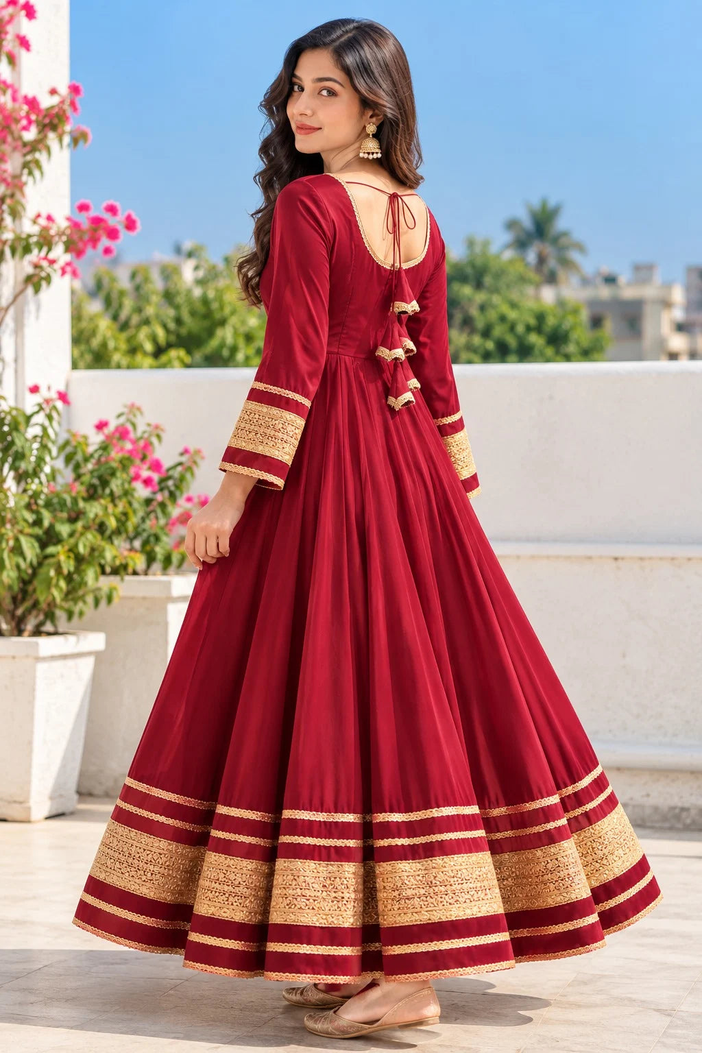 Women Maroon Anarkali Dress | Golden Embroidered Gota Patti Work | Flared Ethnic Festive Wear