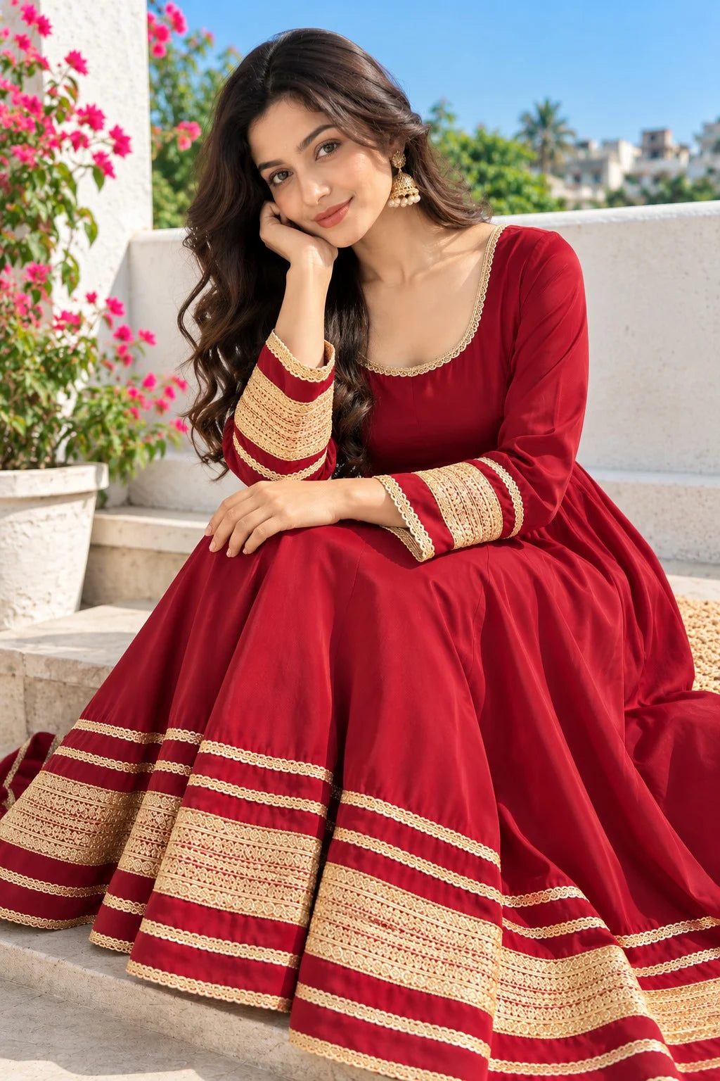 Women Maroon Anarkali Dress | Golden Embroidered Gota Patti Work | Flared Ethnic Festive Wear