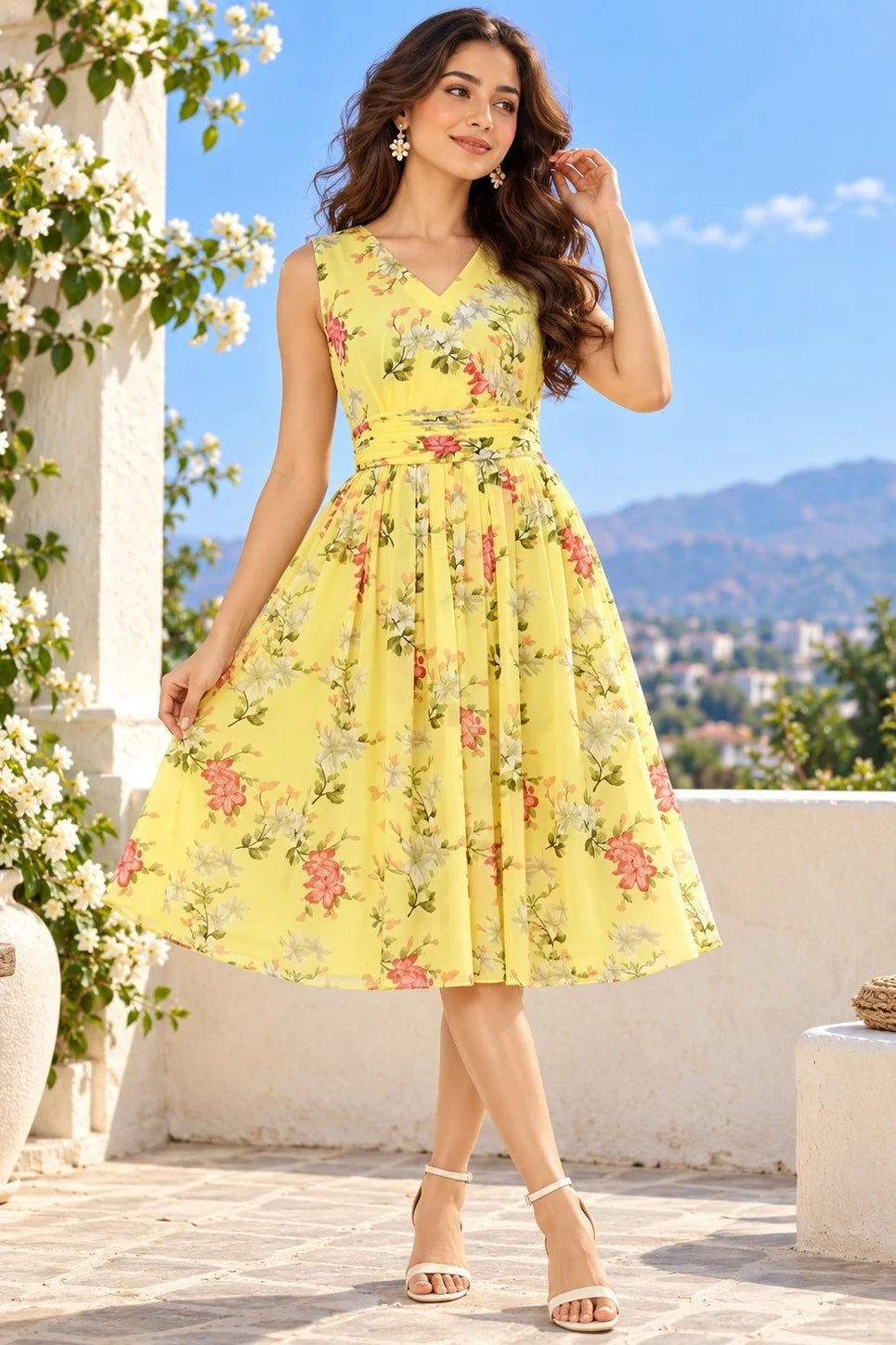 Yellow Floral Printed Midi Dress for Women