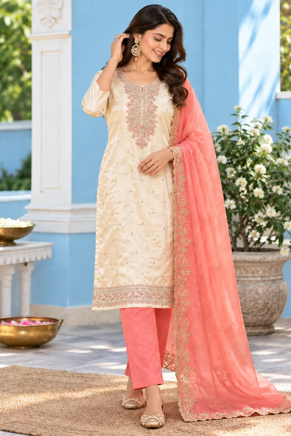 Women Cream & Coral Orange 3-Piece Suit Set | Floral Embroidered Kurta | Palazzo & Dupatta | Festive Ethnic Wear