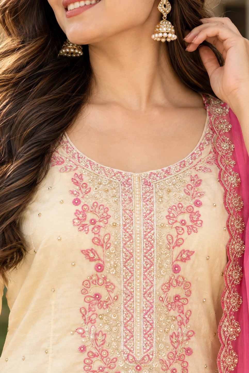 Women Cream & Hot Pink 3-Piece Suit Set | Floral Embroidered Kurta | Palazzo & Dupatta | Festive Ethnic Wear
