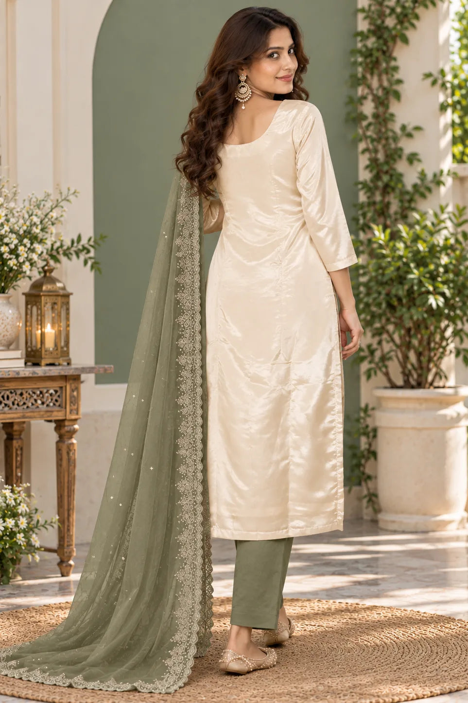Women Cream & Sage Green 3-Piece Suit Set | Embroidered Kurta | Palazzo & Dupatta | Festive Ethnic Wear