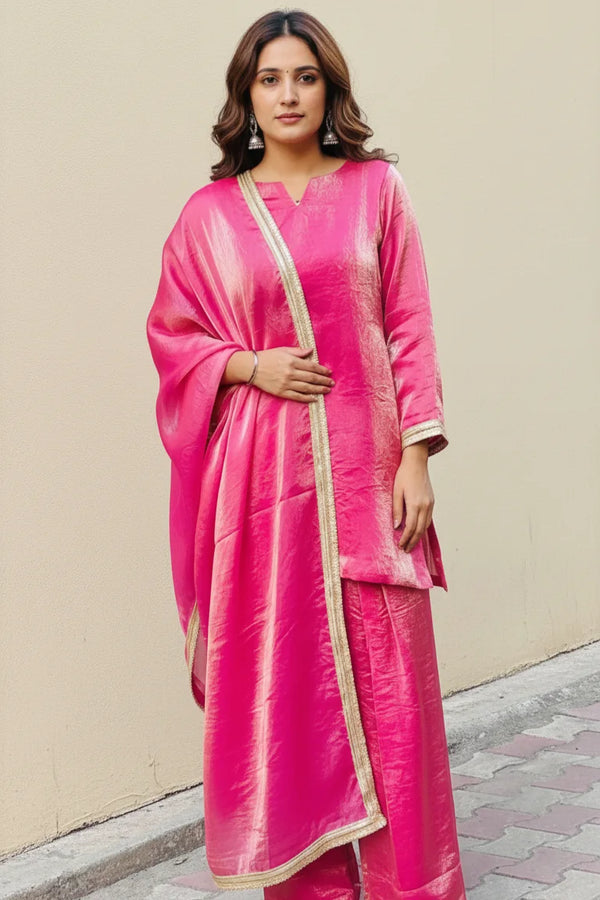 pink silk kurta palazzo set with dupatta for women, Fendy silk ethnic suit set traditional wear